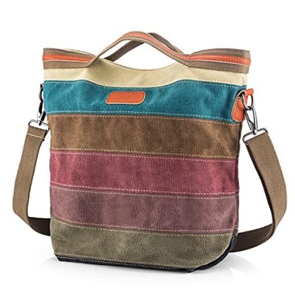 Handbags - Canvas Handbag Multi-Color Striped Lattice Cross Body Shoulder Purse Bag